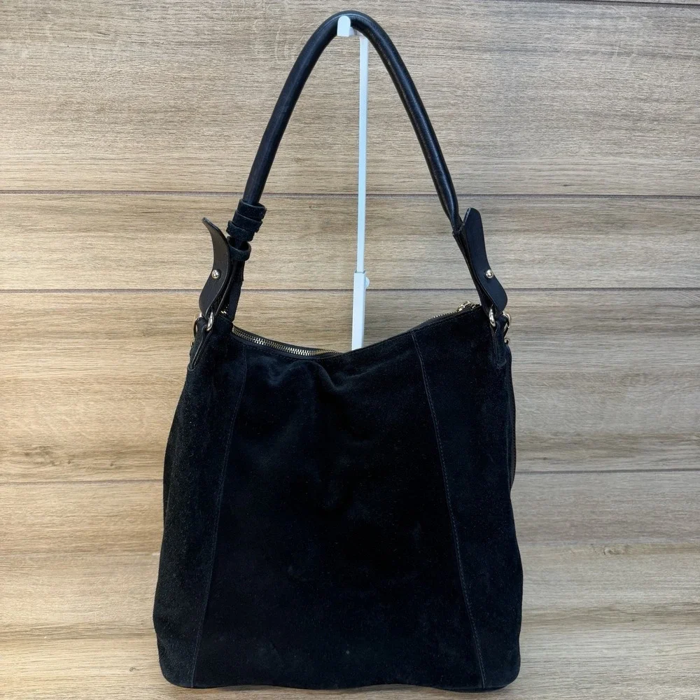 H&M Black Suede Slouchy Hobo Drawstring Shoulder Crossbody Bag Leather Boho